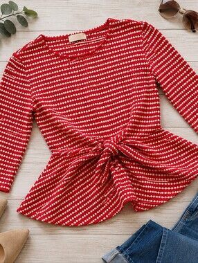 Savida Red and White Patterned‎ Peplume Top With Knit Detail